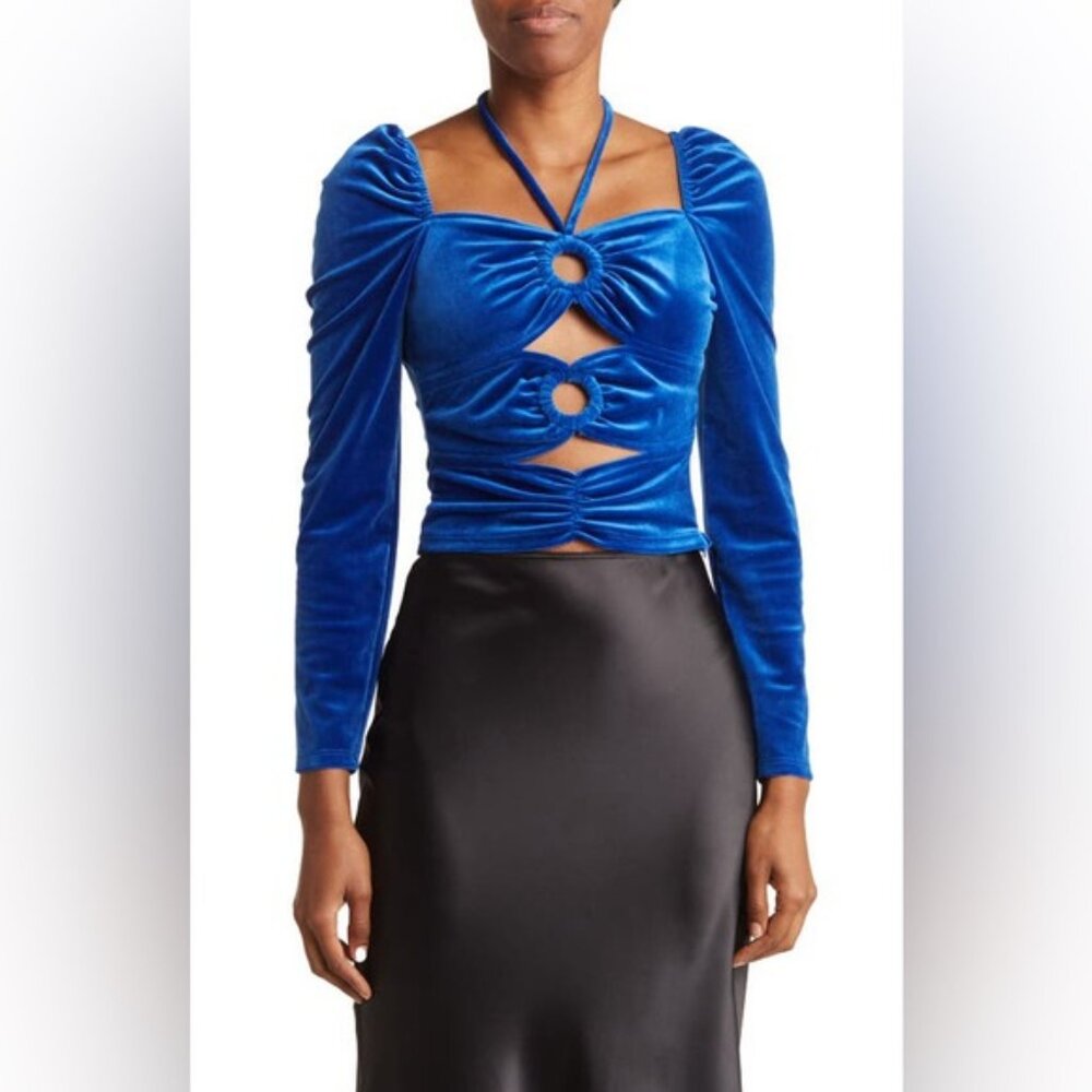 NWT TORN BY RONNY KOBO Petra Long Sleeve Cut Out Blue Velvet Crop Top Size S